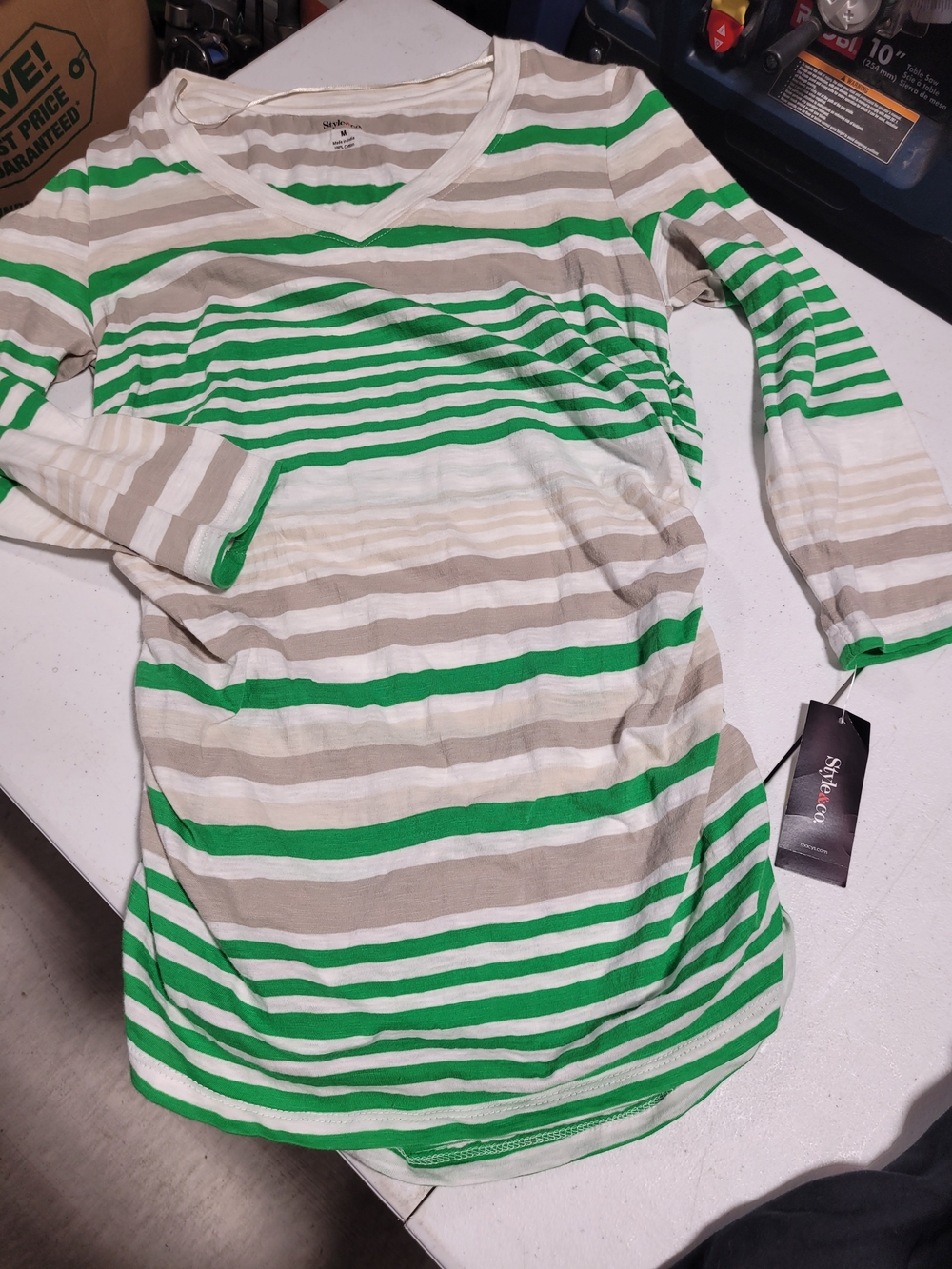 Style & Co. Green, Cream & Tan Striped V-Neck Long Sleeve Top